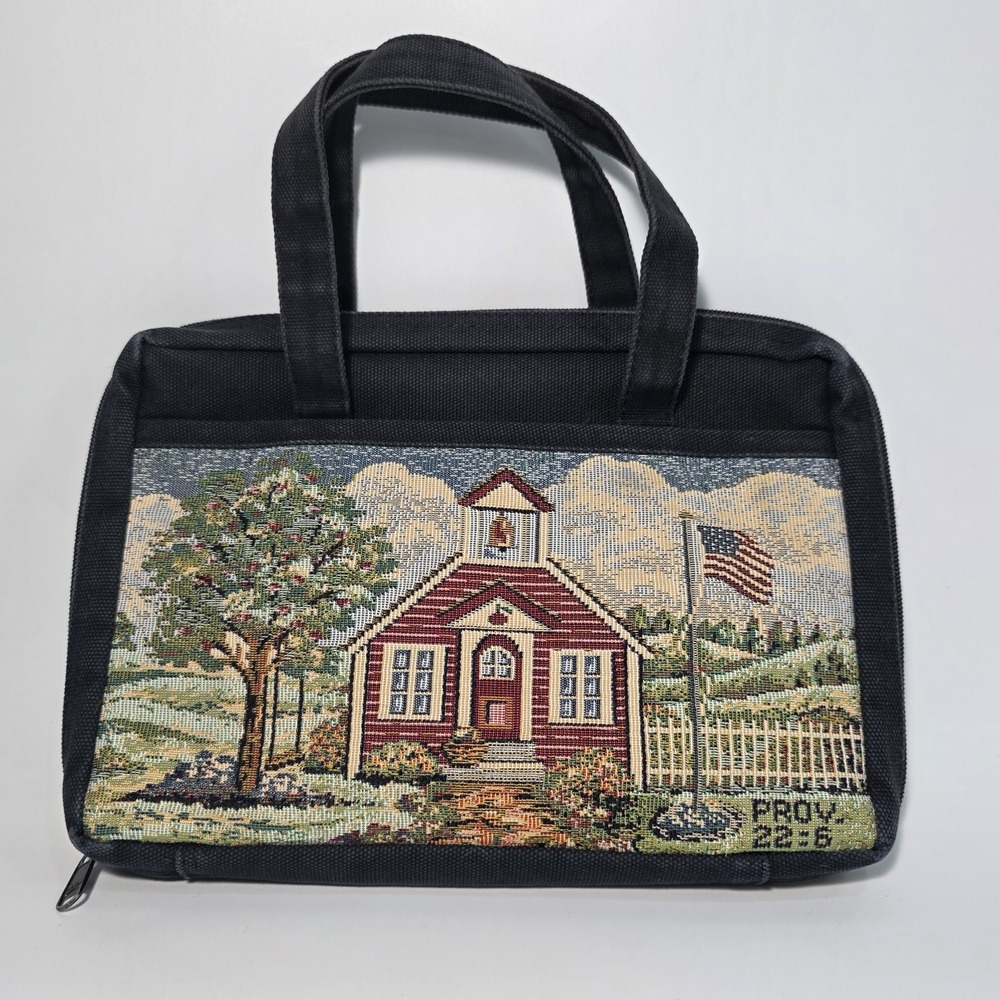 Vintage Black Canvas Needlepoint Bible Book Cover School House Handbag w/Handles